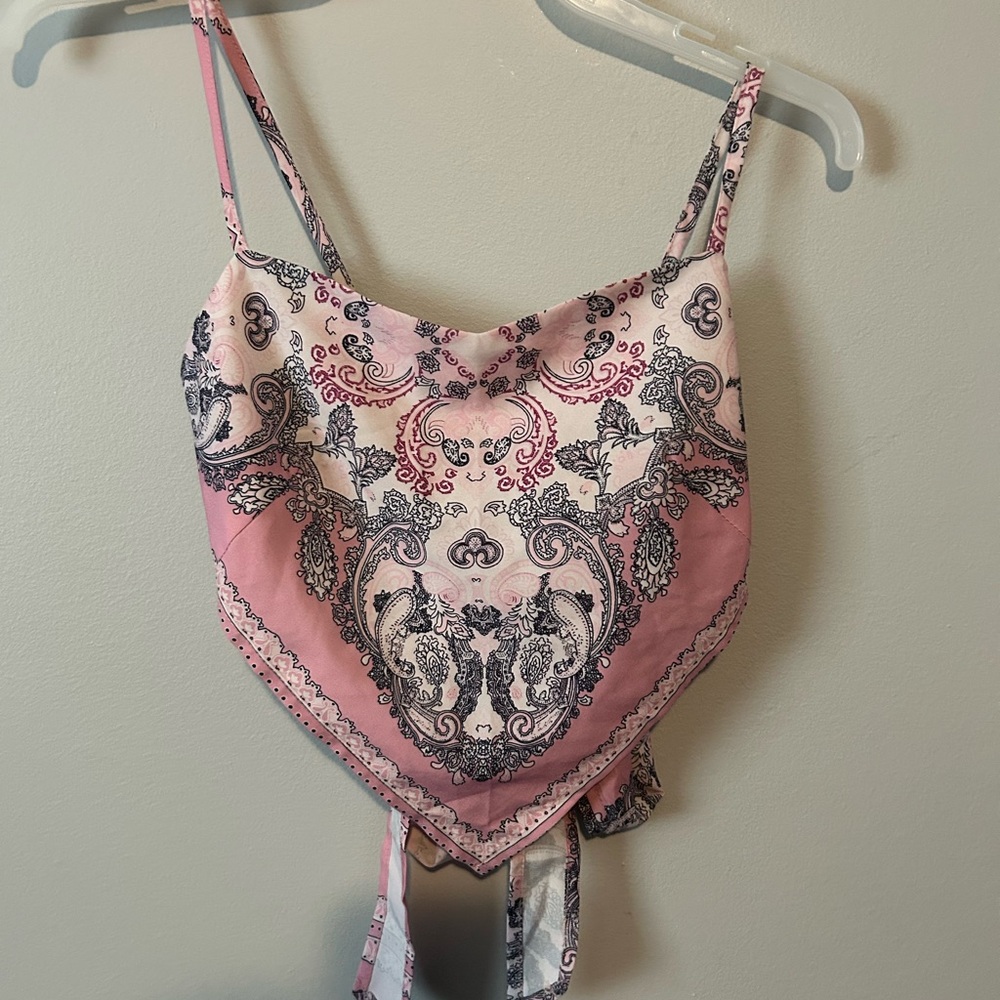 Pink and Black Paisley Pattern Spaghetti Strap Tie Back Bohemian Y2K Bandana Top
